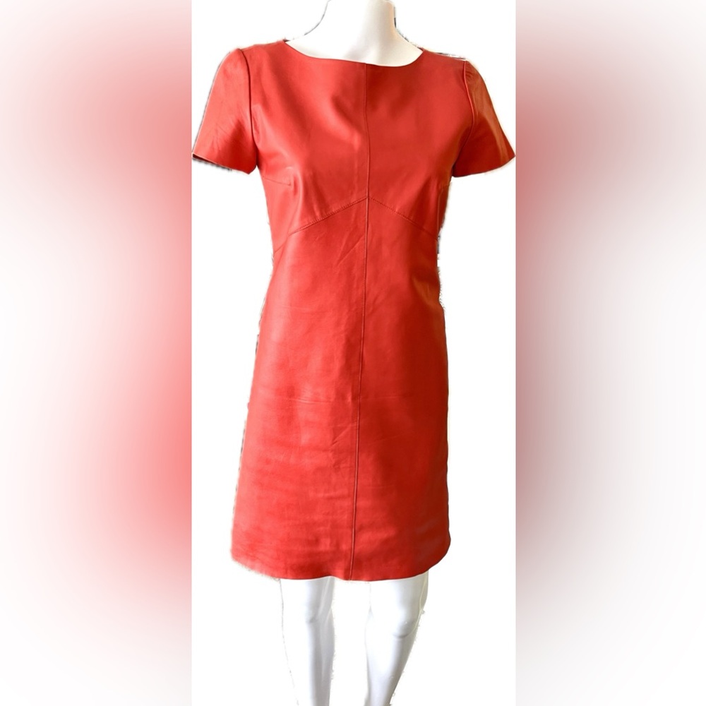 Carven Leather Short Sleeve Red Sheath Mini Dress Size 34 (2)